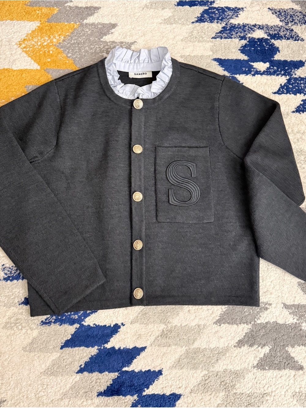 Sandro Dark Grey Embroidered 'S' Cardigan with Blue Ruffle Collar - Picture 4 of 5